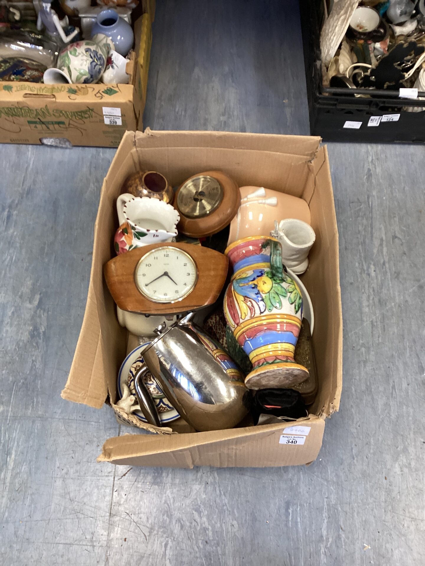 348 Box of mixed items inc Barometer and smirhs clock