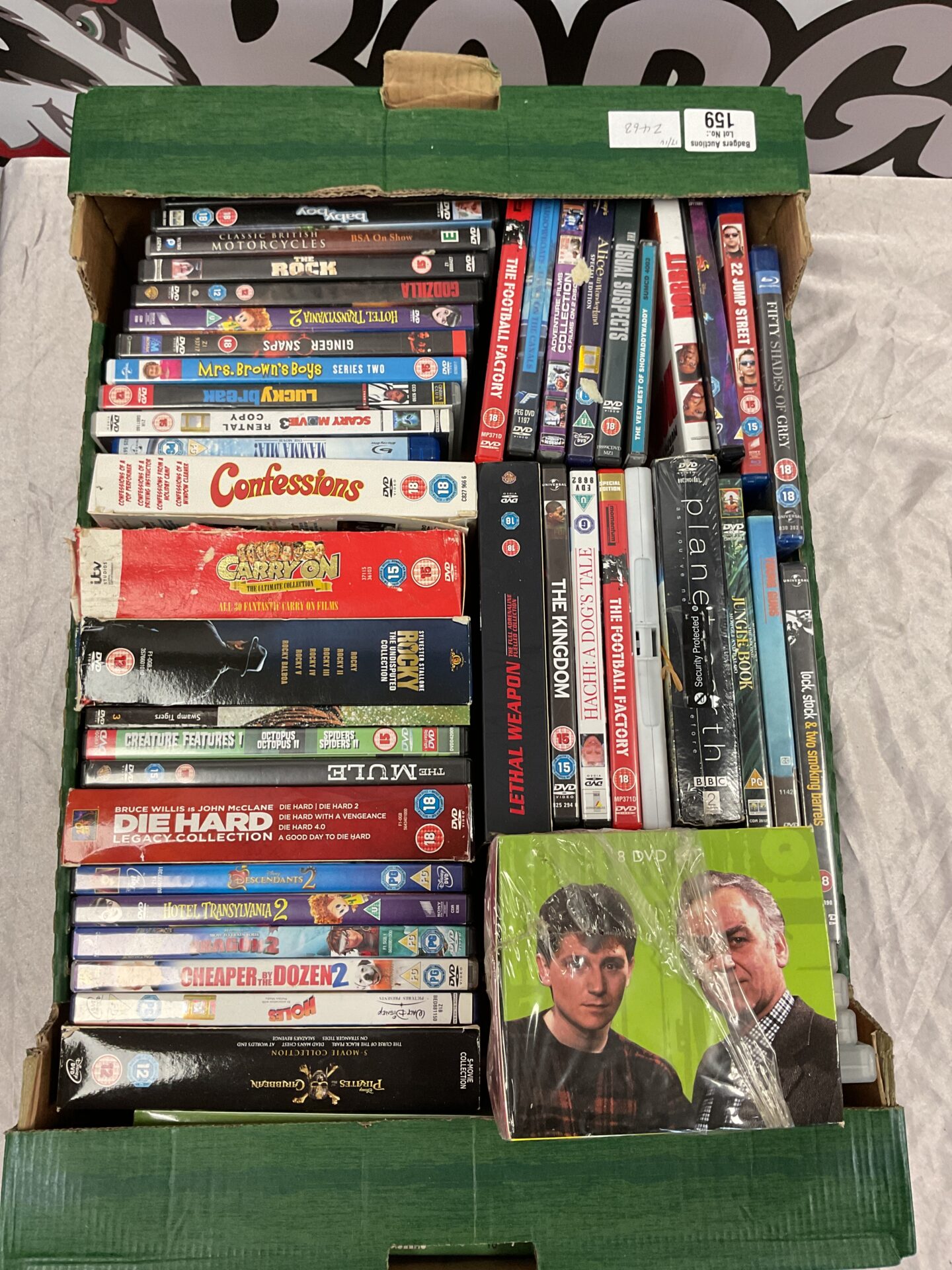 159 Box of DVDs including BBC planet earth (sealed) and die hard legacy collection