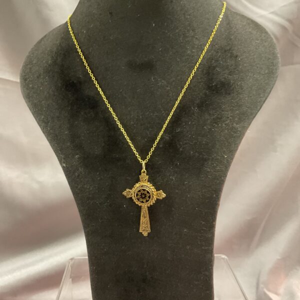Vintage onyx and gilt cross pendant on silver gilt necklace
