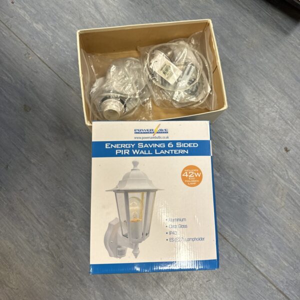 Brushed aluminium Powersave outdoor wall lantern with two lights.