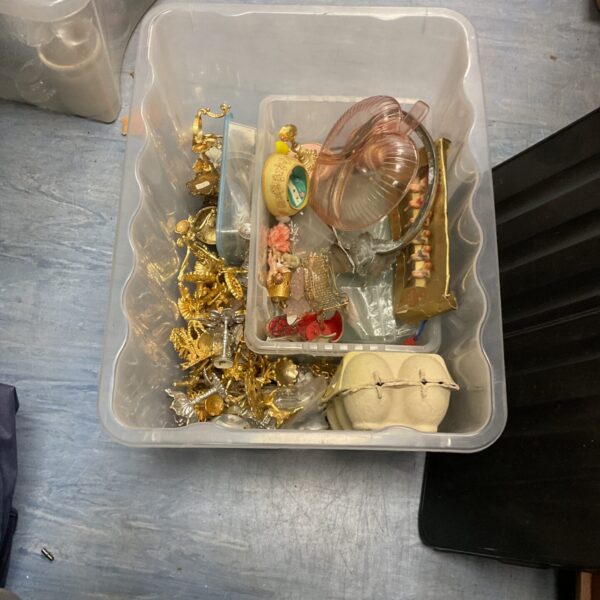 Mixed lot of vintage gilt candlesticks and antique curios.