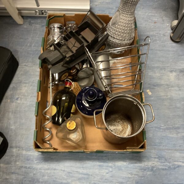Mixed lot of vintage glass bottles and metalware items.