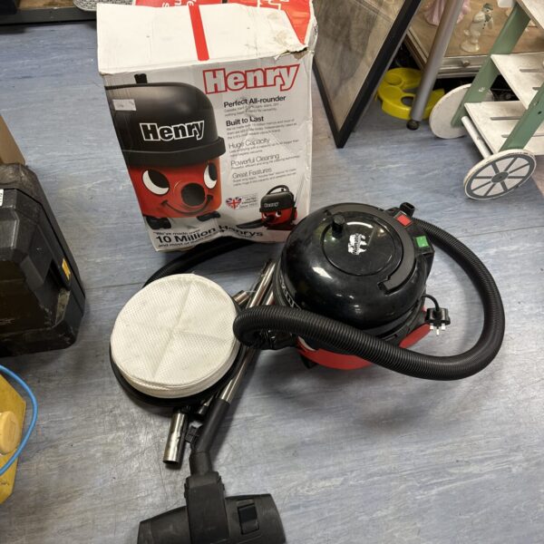 Red Numatic Henry Hoover with box and accessories.