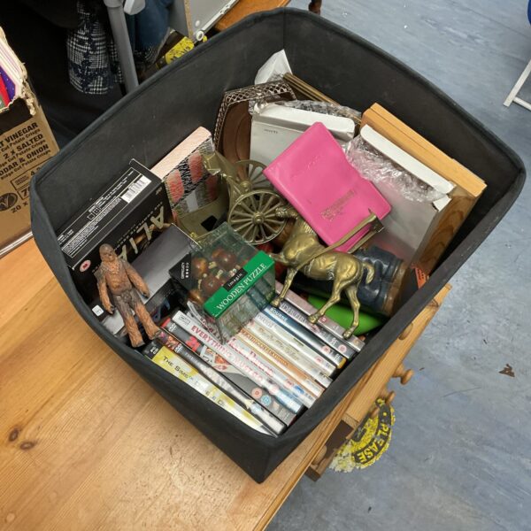 Mixed lot of vintage collectibles including DVDs and brass horse.