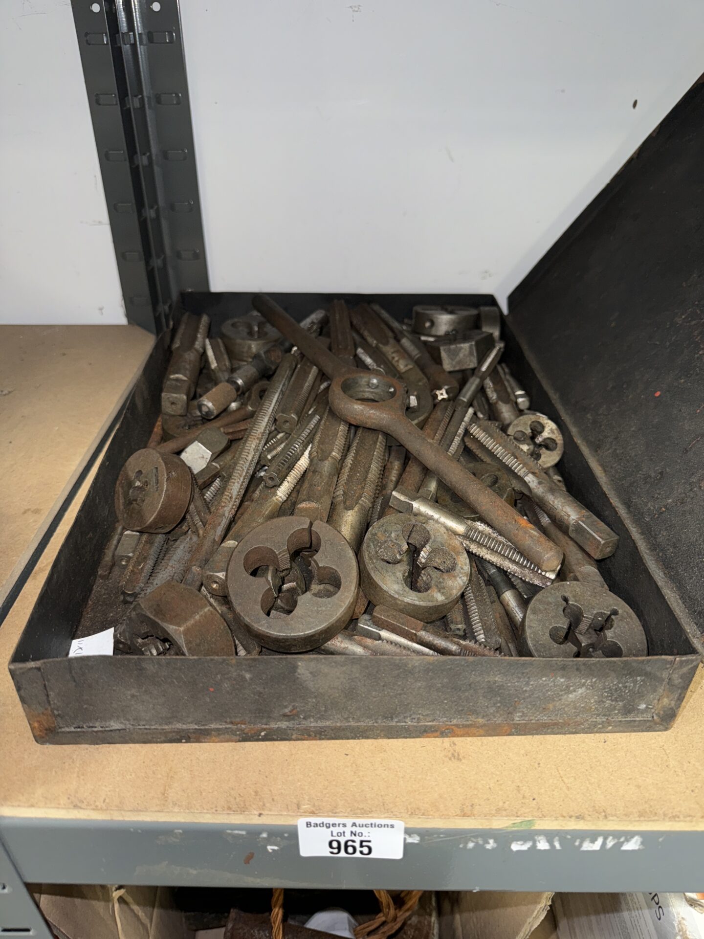965 Metal tin with taps & dies contents