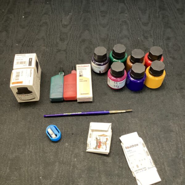 Vintage India drawing ink set with paintbrush for artists.