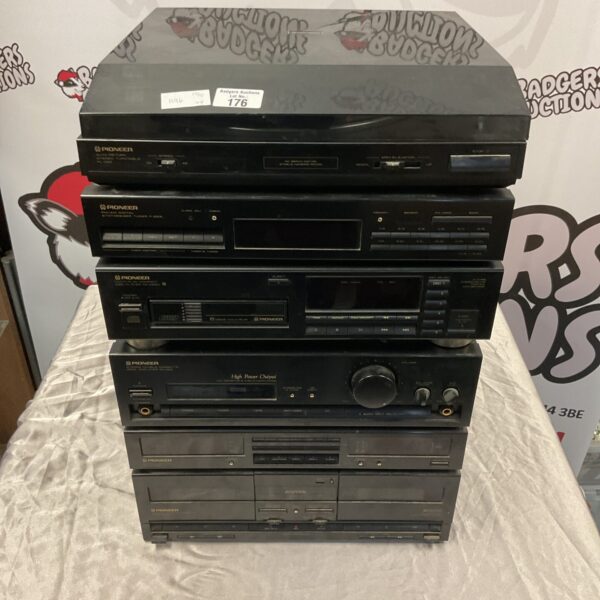 Black Pioneer hi-fi stack system with turntable, CD player and cassette deck.