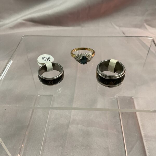 Stainless steel mood rings and M&S ring set, size 18 and T.