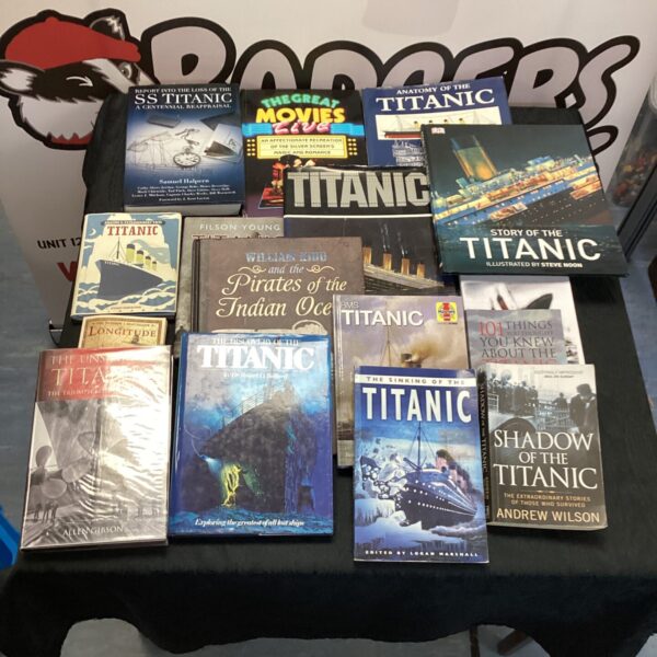 Collection of vintage Titanic books for collectors and enthusiasts.
