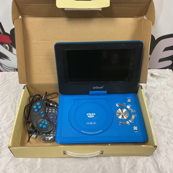 IeGeek NS-108 portable DVD player with controller in box.