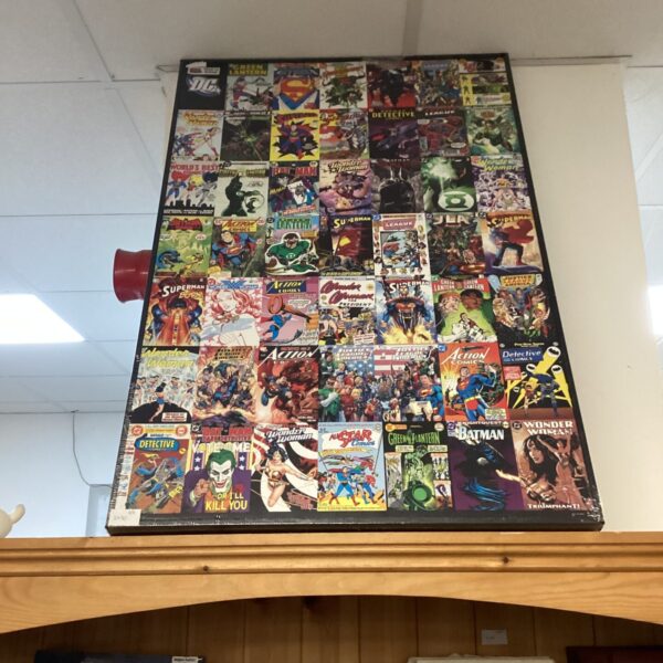 Large DC Comics canvas print with superhero collage.