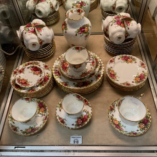 Royal Albert Old Country Rose collection of vintage porcelain tea set pieces.