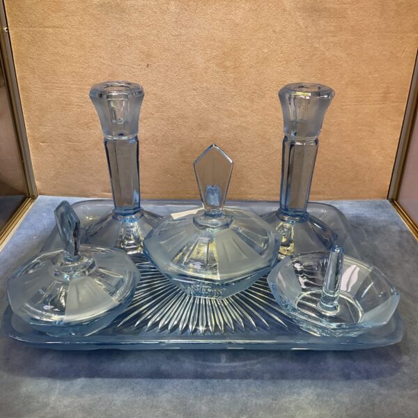 Vintage Art Deco uranium glass dressing table set with mirror and powder box.