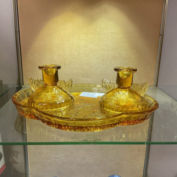 Vintage Sowerby amber glass dressing table set with tray and candle holders.