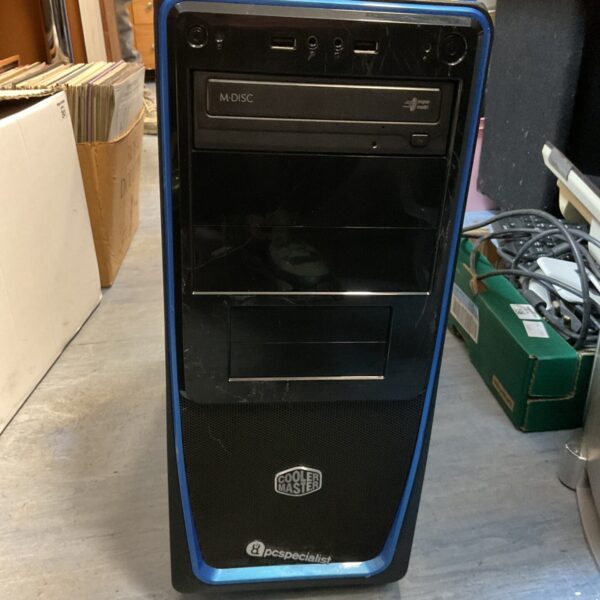 Black and blue Cooler Master PC unit, mid-tower computer case.