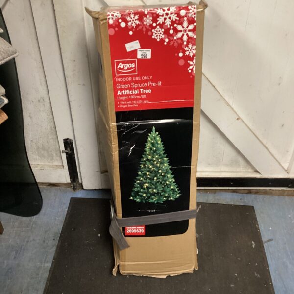 Argos 6ft green spruce artificial Christmas tree in packaging.