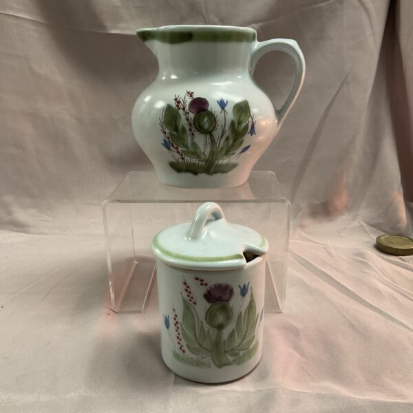 Vintage Buchan pottery jug and jam pot with thistle design.