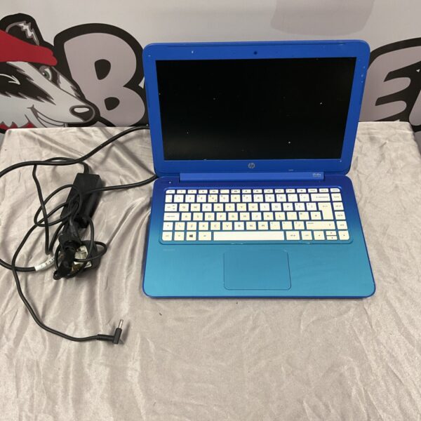Blue HP Stream laptop offered for auction, portable computing device.