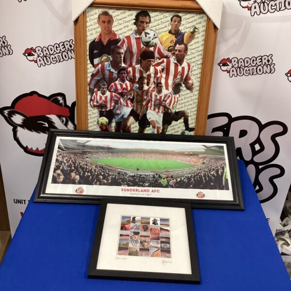Framed Sunderland Football Club pictures, vintage sports art.