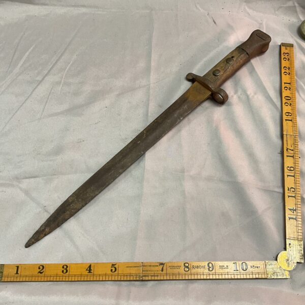 Vintage British Army bayonet with steel blade and wooden handle.