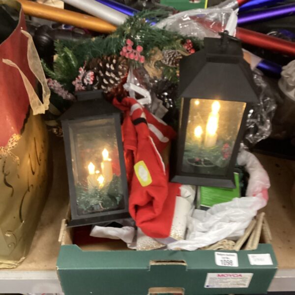 Box of Christmas lantern decorations with festive designs.