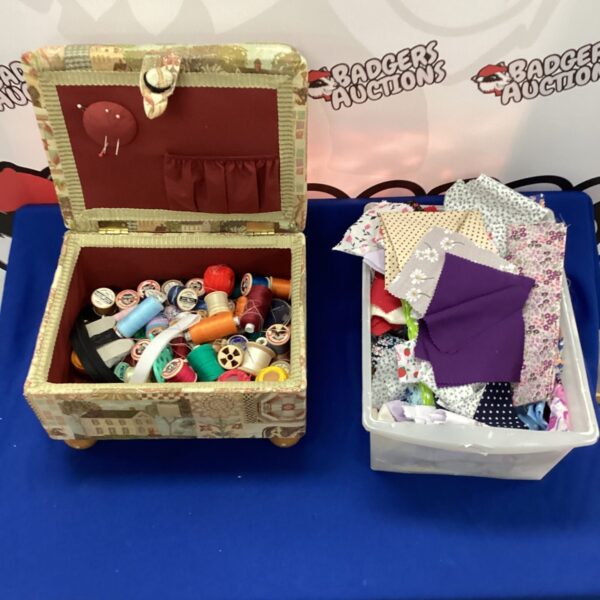 Colourful vintage sewing box filled with threads and sewing supplies.