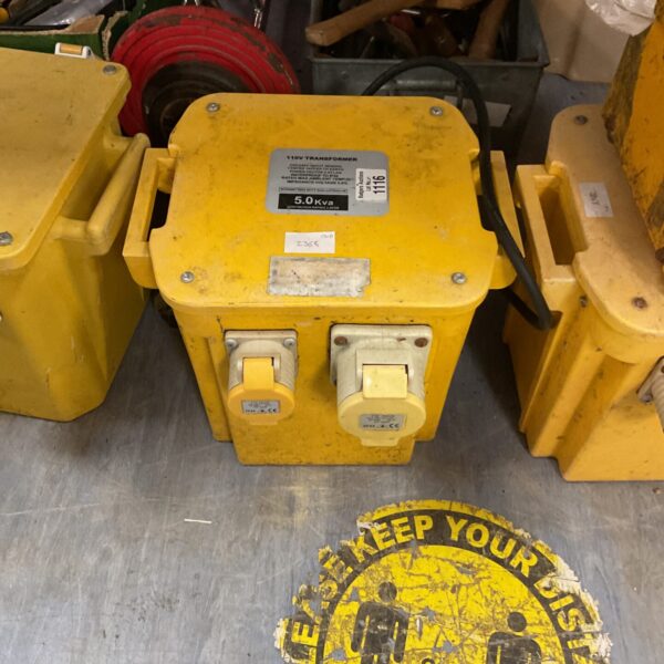 Yellow 110v transformer with multiple output sockets.