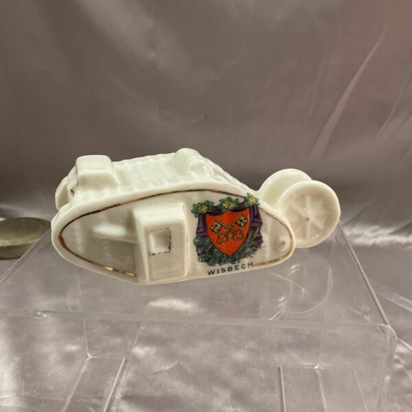 Vintage Shelley China tank with Wisbech crest, detailed side view.