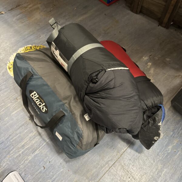 Used Blacks Arran 2 berth tent with sleeping bags for camping.