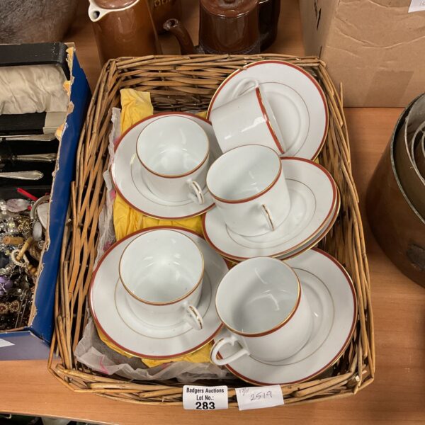Vintage Noritake Shiraz cups and saucers set displayed on a table.
