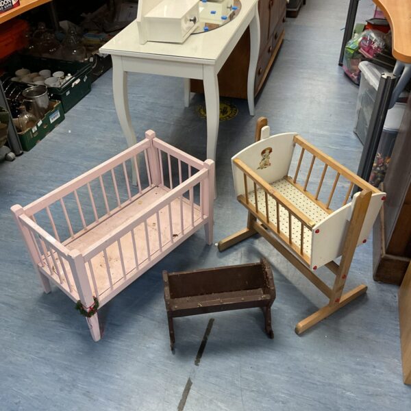 Vintage doll cots lot, antique miniature nursery furniture.