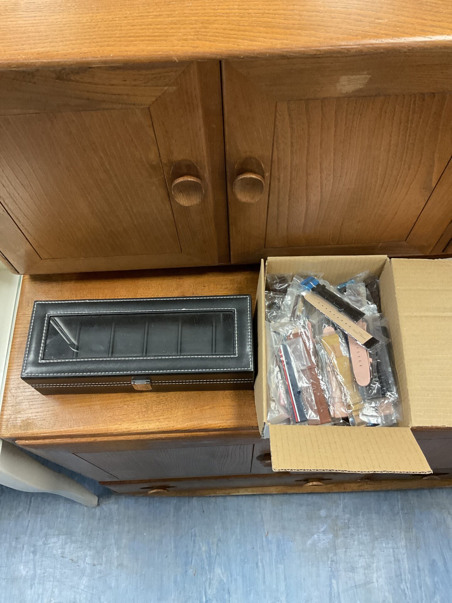 446 Watch storage box & box of new watch straps
