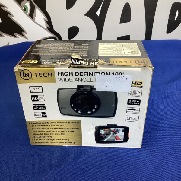 In Tech dash cam with 2.7" display for vehicle recording.