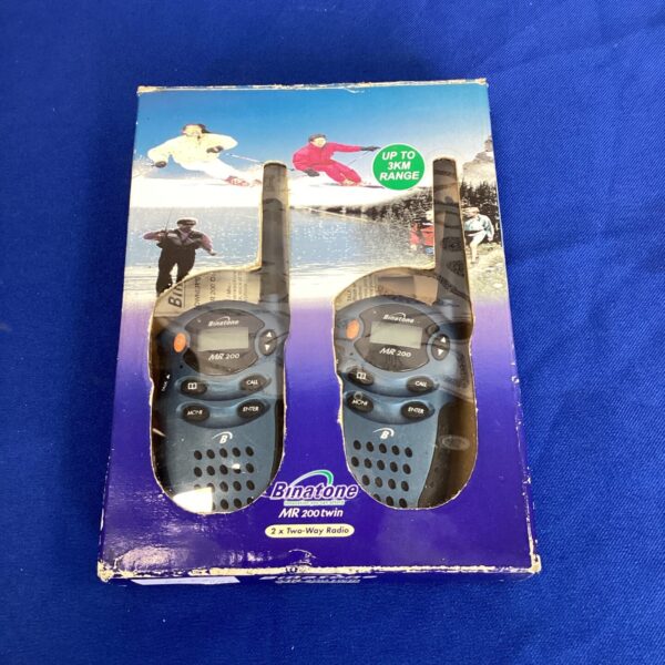 Vintage Binatone MR200 walkie talkies in original packaging.
