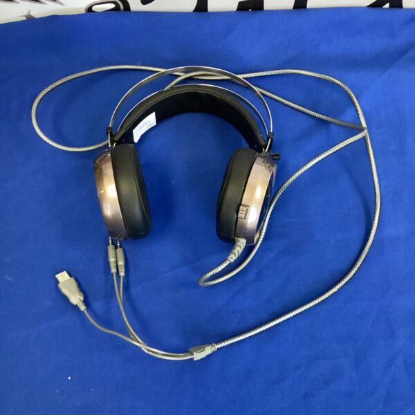 Black and silver wired over-ear headphones on display.