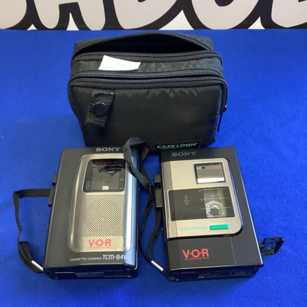 Vintage Sony TCM-84V dictaphone with case, side view.