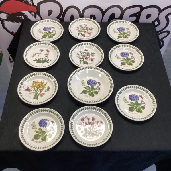 Set of vintage Portmeirion Botanic Garden plates with floral designs.