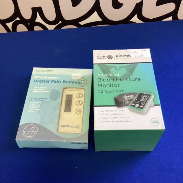 Lloyd’s Pharmacy blood pressure monitor with digital pain relief display.