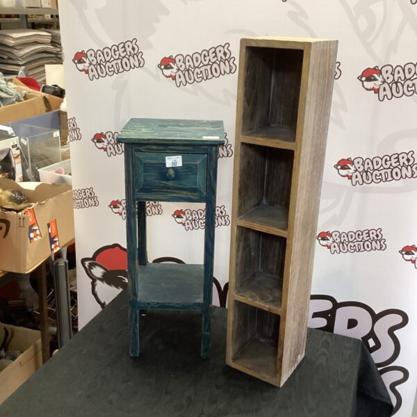 Distressed shabby chic side table with CD storage shelves.
