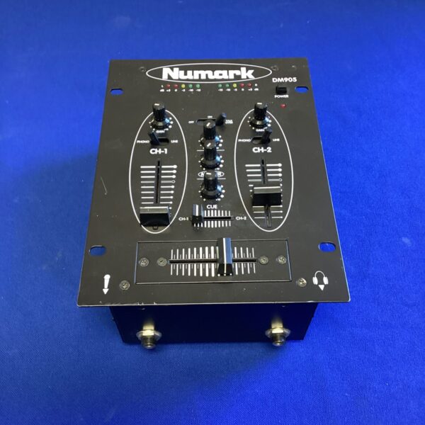 Front view of a vintage Numark DM905 two-channel DJ mixer.