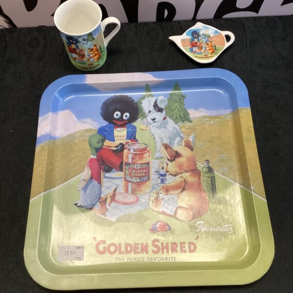 Vintage Golden Shred serving tray with matching mug and saucer.