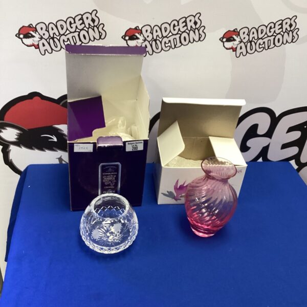Vibrant Caithness and Edinburgh Crystal vases in original boxes.