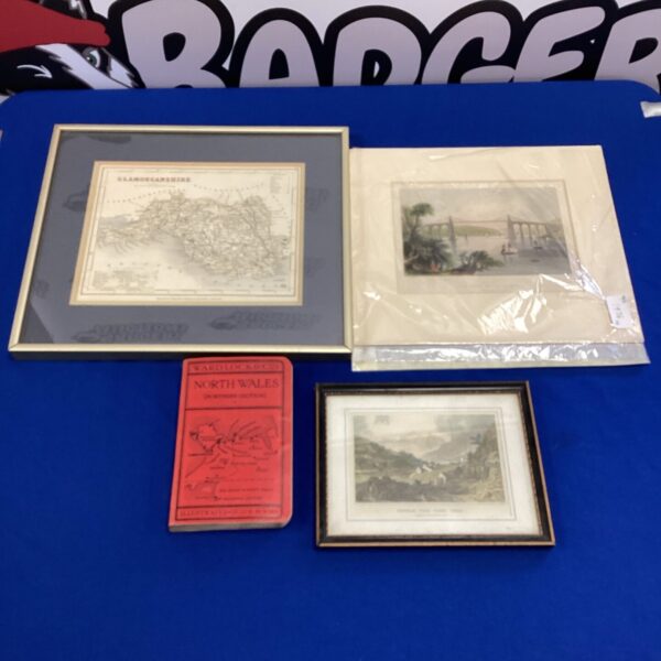 Vintage Welsh maps and prints lot, including Glamorgan map.