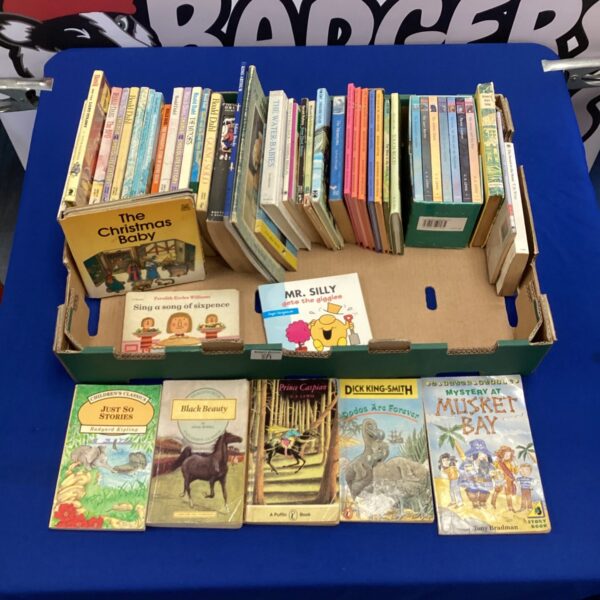 Tray of vintage children's books including Roald Dahl and C.S. Lewis titles.