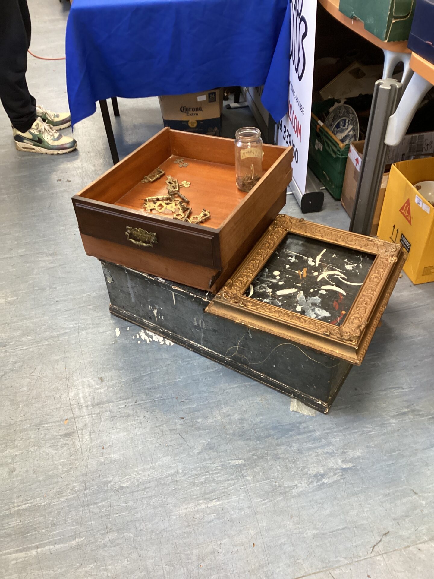 345 Vintage wooden tool box, brass hanles and picture frame