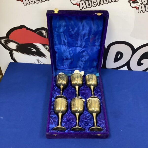 Vintage set of six metal wine goblets in presentation case.