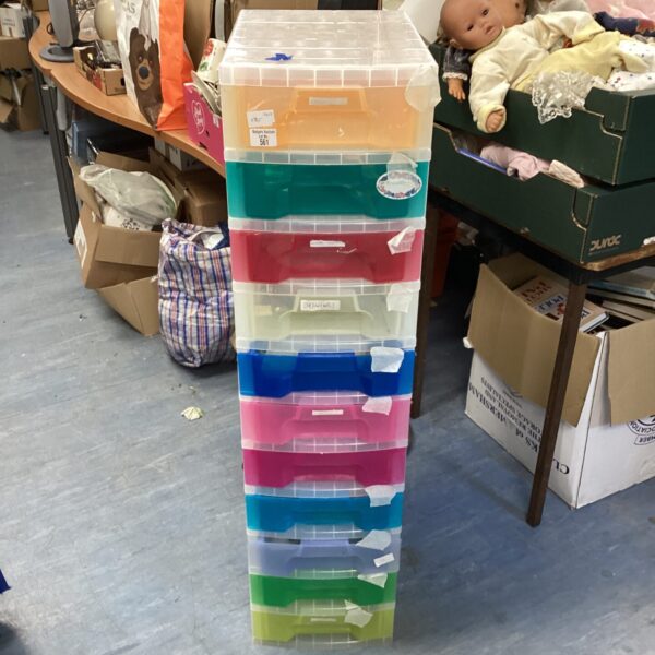 Colourful drawered storage unit for art supplies and craft materials.