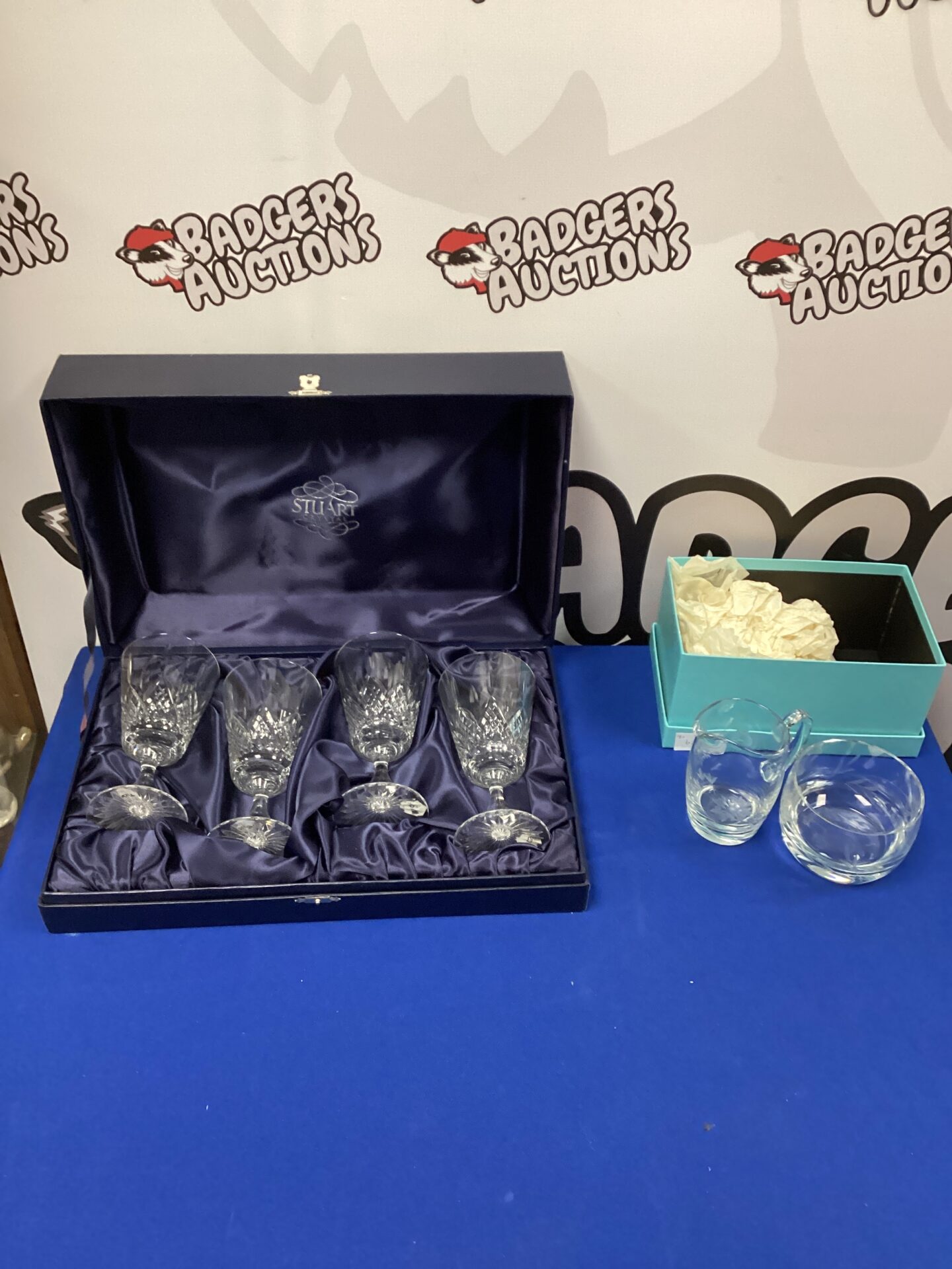 302 Stuart Crystal Wine Glasses in preparation case plus crystal milk jug and sugar bowl