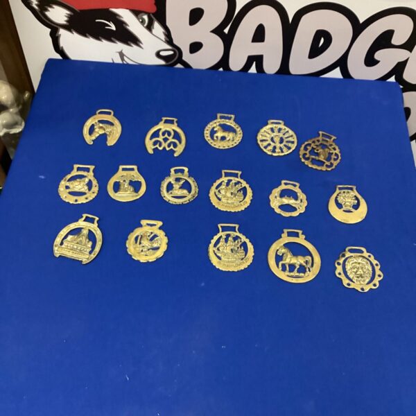 Close-up of a lot of vintage horse brasses with intricate designs.