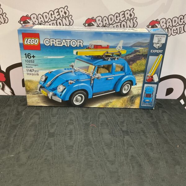 Detailed Lego Volkswagen Beetle 10252 building set on display.